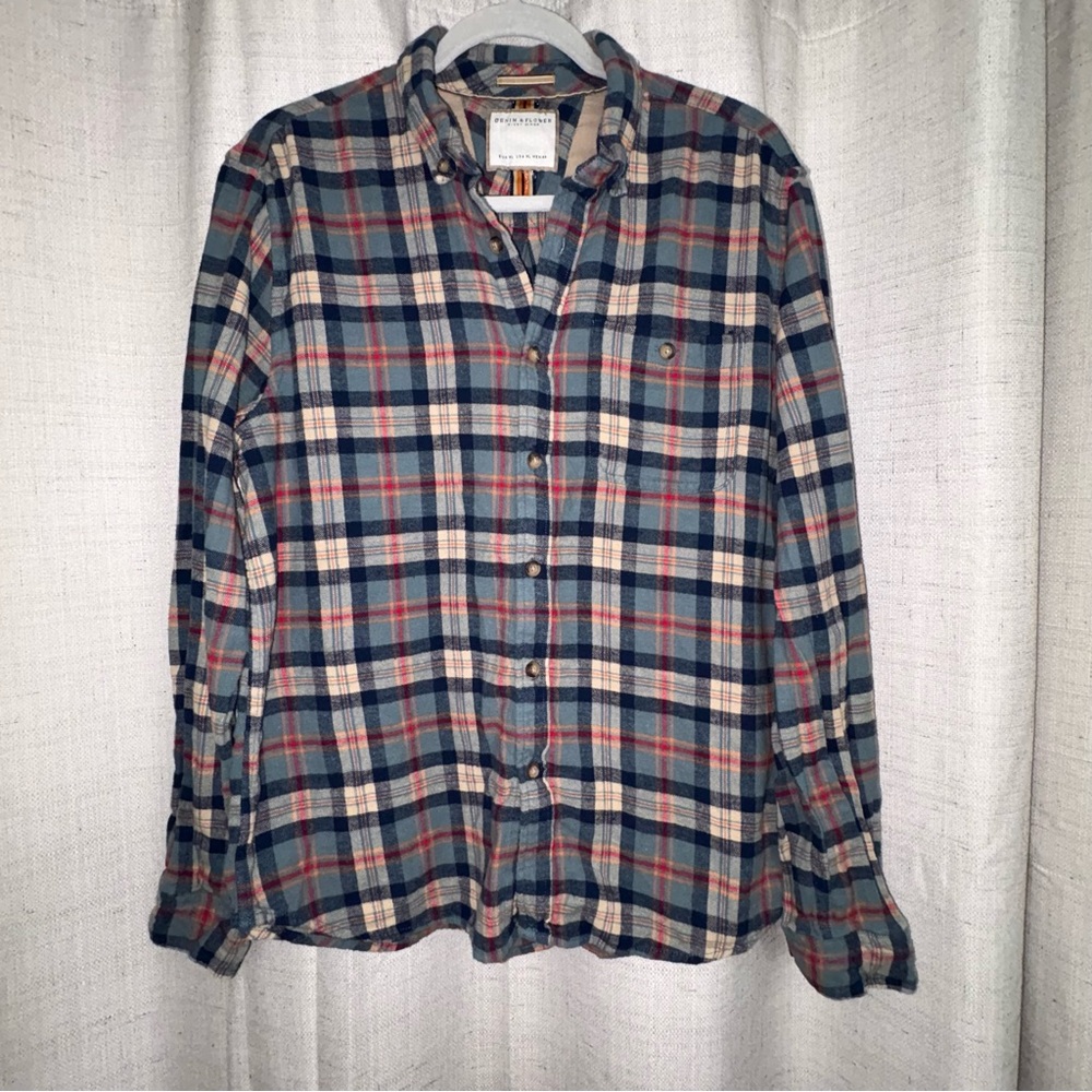 Denim & Flower by Ricky Singh Men’s Flannel Blue Plaid Button Down Shirt Size XL